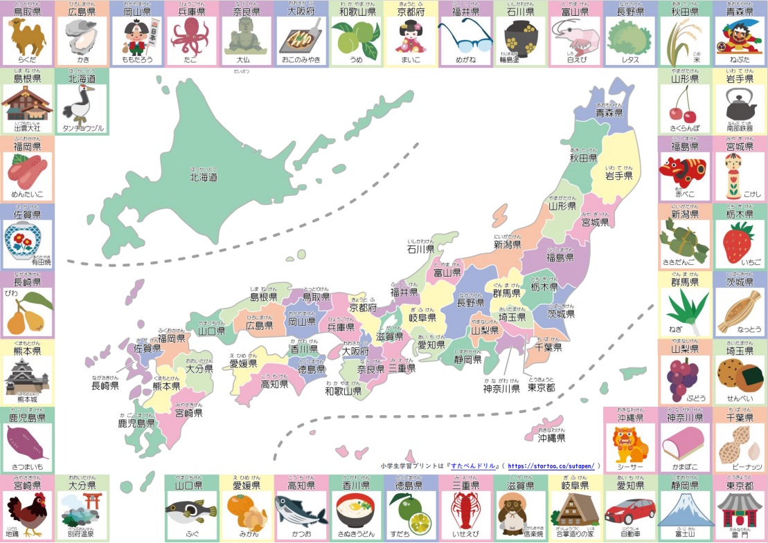 特産物とともに都道府県を記した日本地図