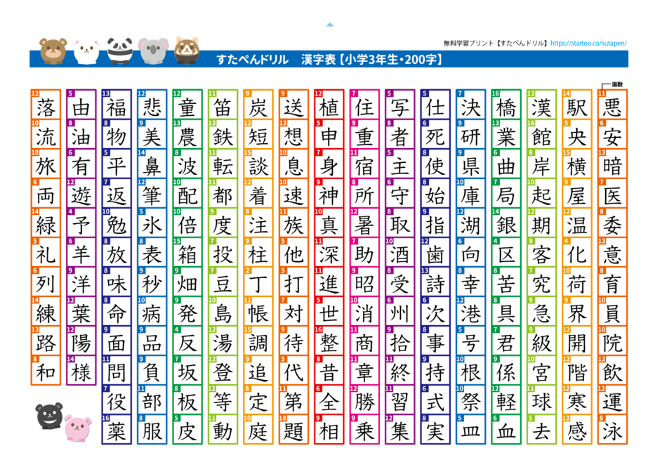 小学3年生 漢字一覧表 無料ダウンロード印刷