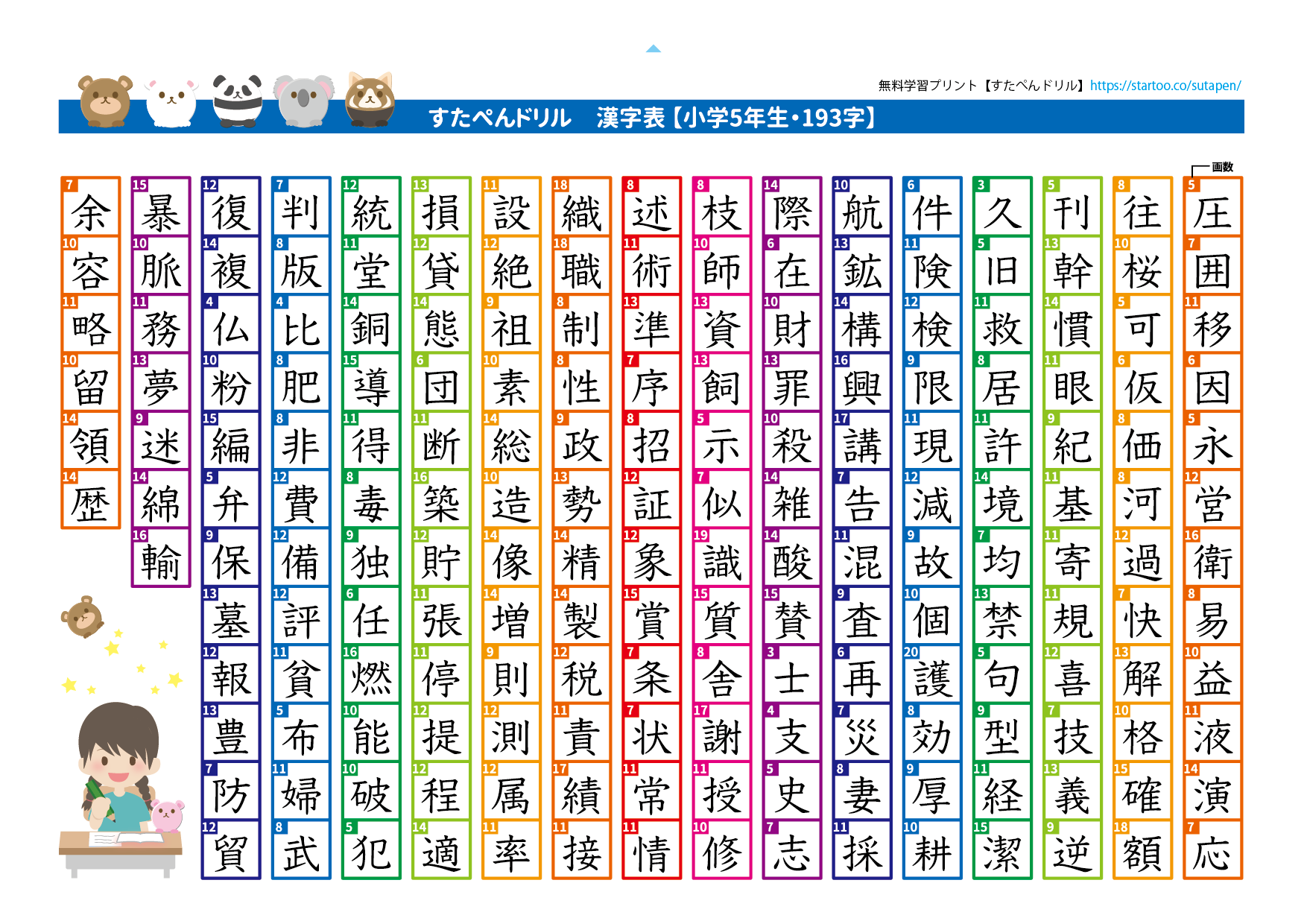 小学２年生と５年生の漢字の表