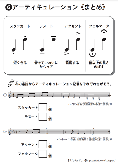 アーティキュレーション記号の音楽学習プリント | 無料ダウンロード印刷