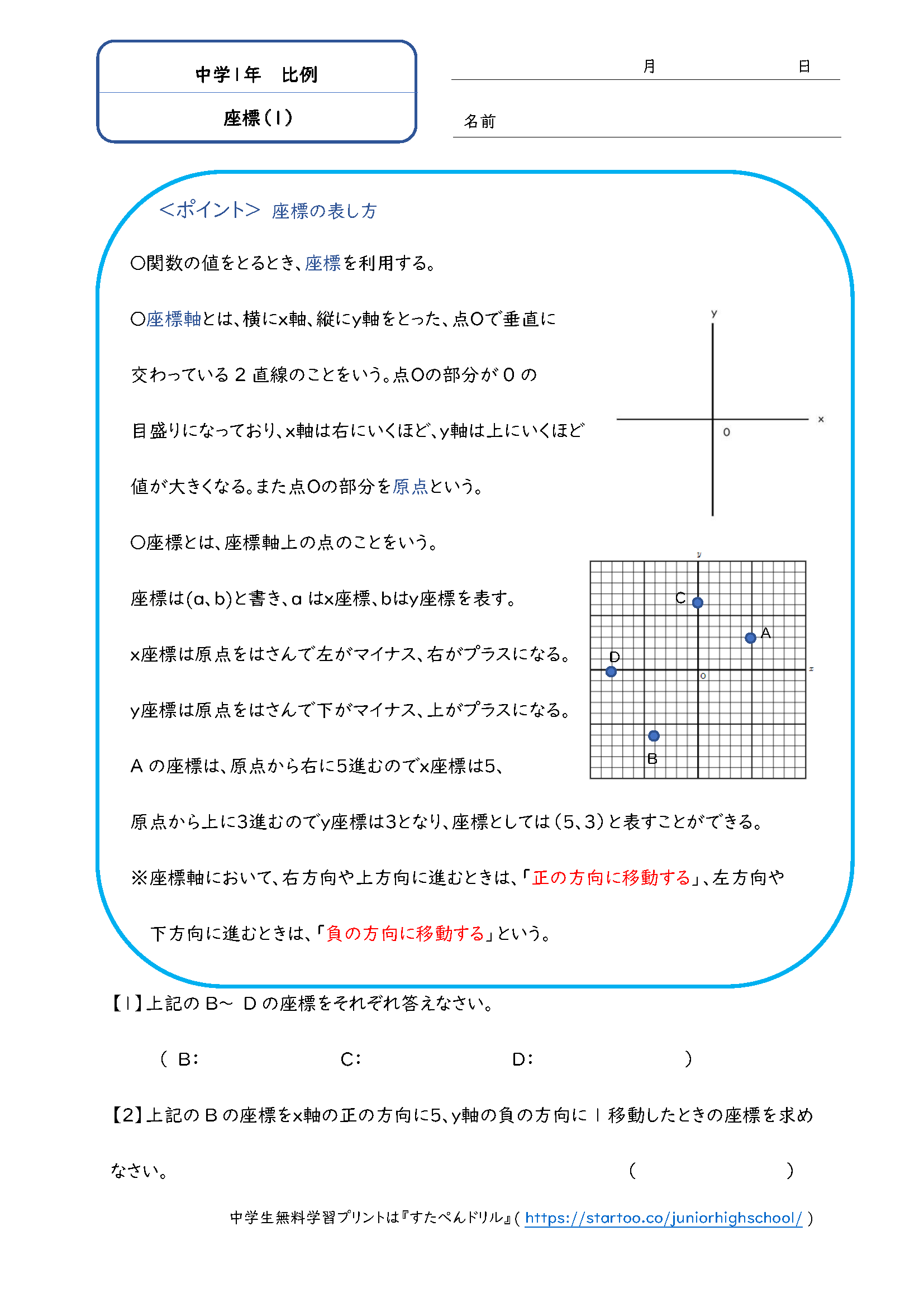 中1数学 座標 学習プリント 練習問題 無料ダウンロード印刷