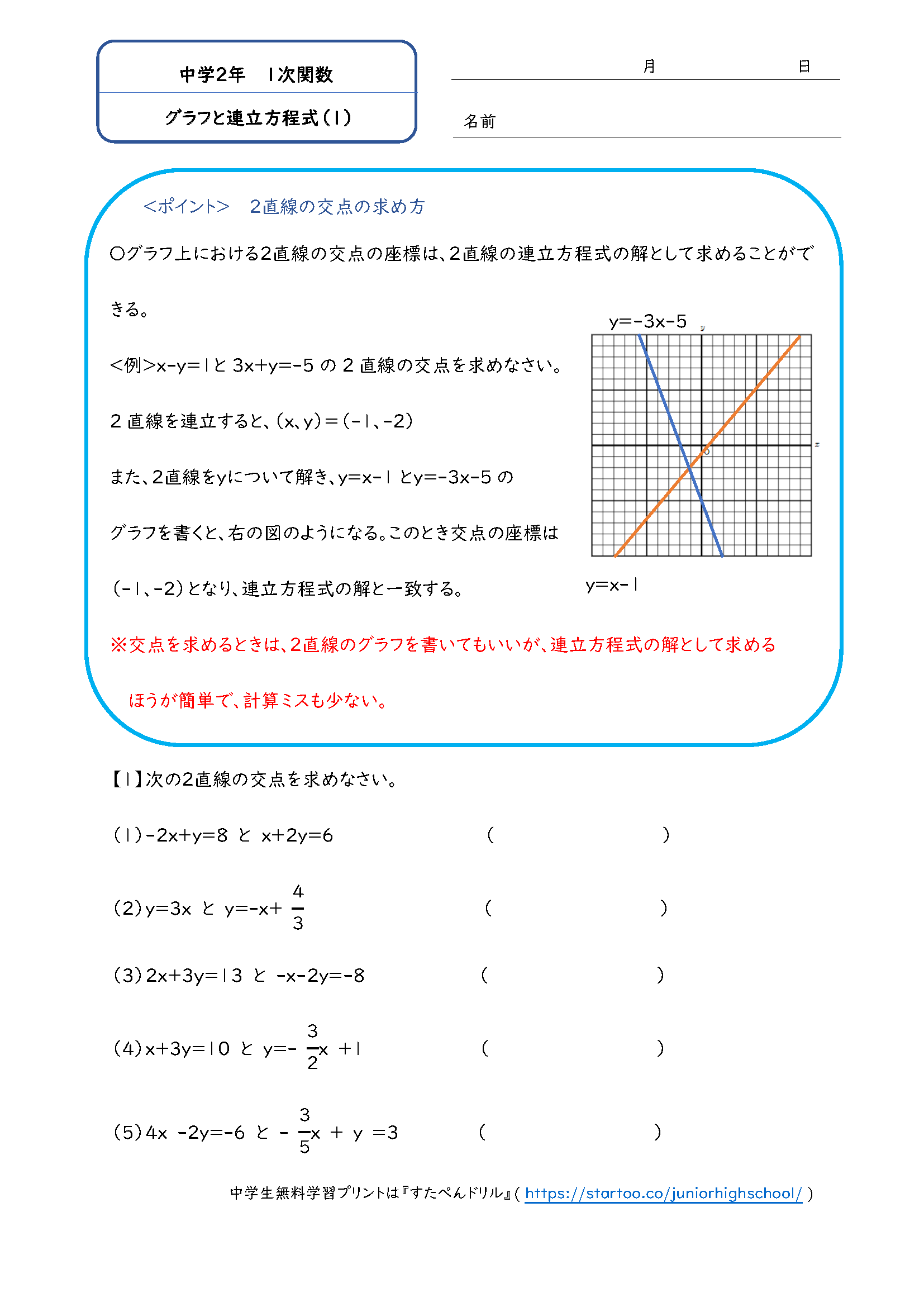 中2数学 グラフと連立方程式 学習プリント 練習問題 無料ダウンロード印刷