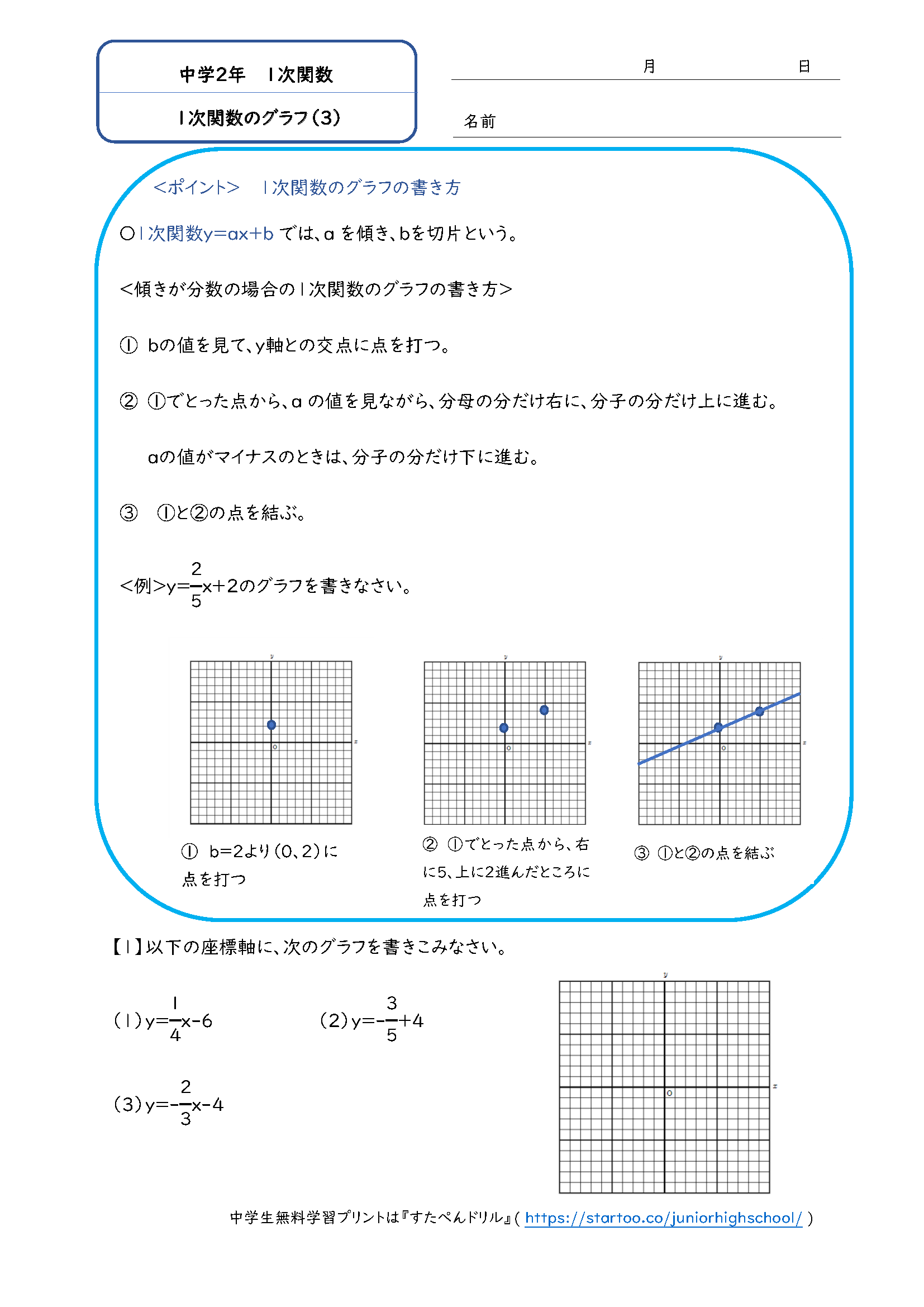 中2数学 1次関数のグラフ 学習プリント 練習問題 無料ダウンロード印刷