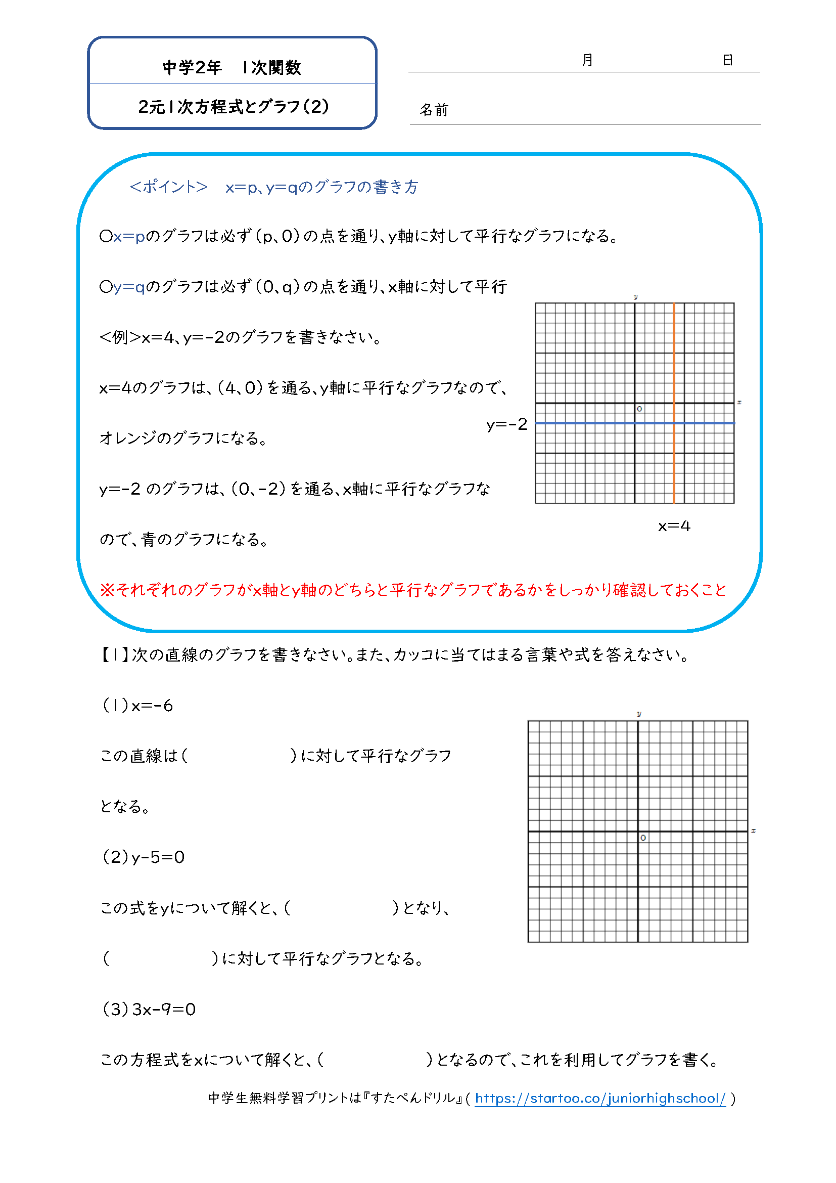 中2数学 2元1次方程式のグラフ 学習プリント 練習問題 無料ダウンロード印刷