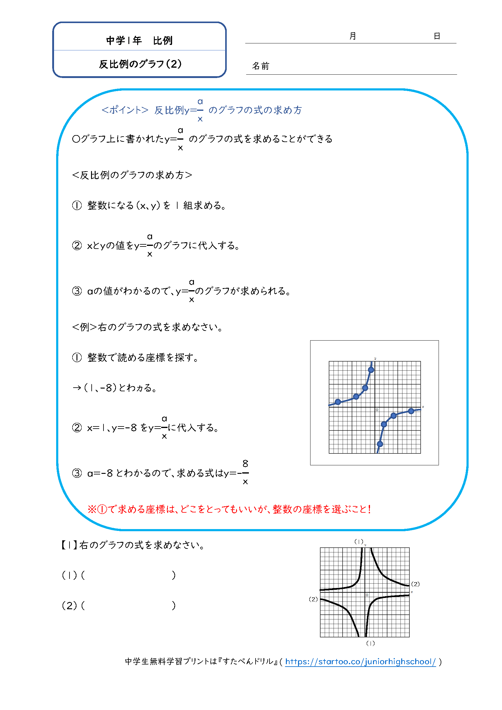 中1数学「反比例のグラフ」学習プリント・練習問題3