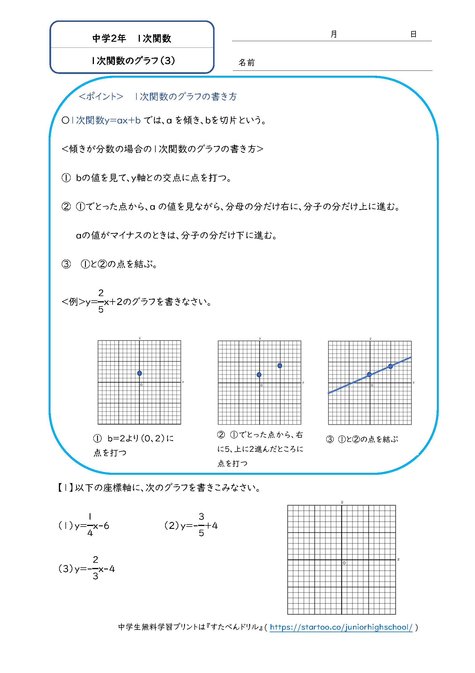 中2数学「1次関数のグラフ」学習プリント・練習問題3