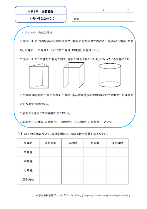 中1数学 空間図形 学習プリント 練習問題一覧 無料ダウンロード印刷