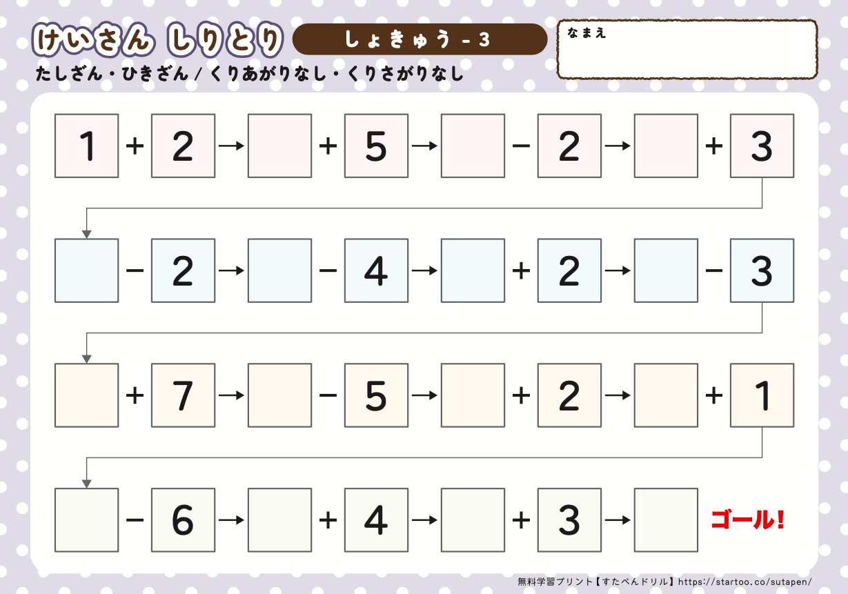 小1算数 計算しりとり プリント たしざん ひきざん 繰上りなし 無料ダウンロード印刷