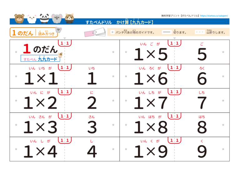 九九カード（手作り）無料プリント