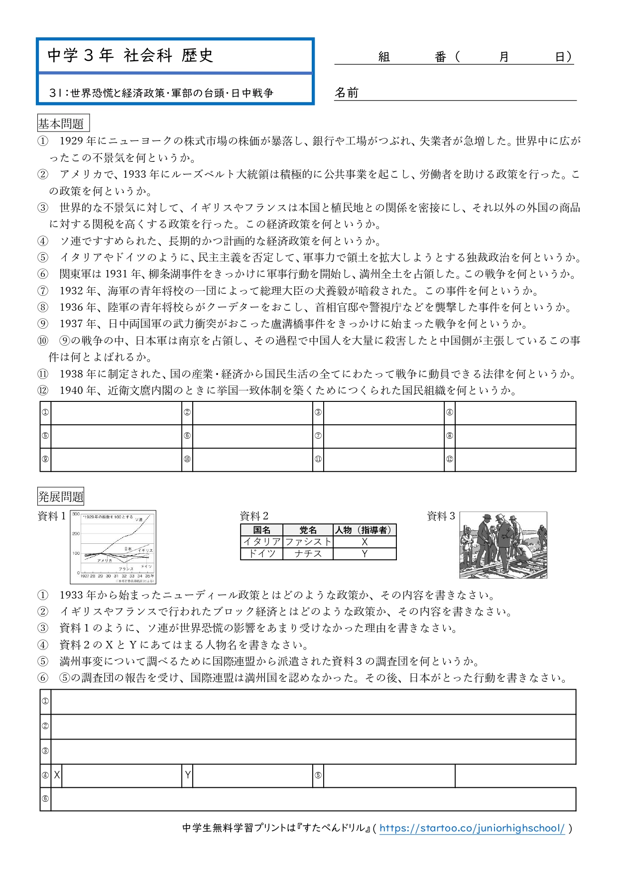 中3社会「世界恐慌と経済政策・軍部の台頭・日中戦争」プリント| 無料ダウンロード・印刷