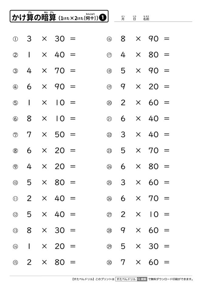 かけ算の暗算（1桁×2桁）