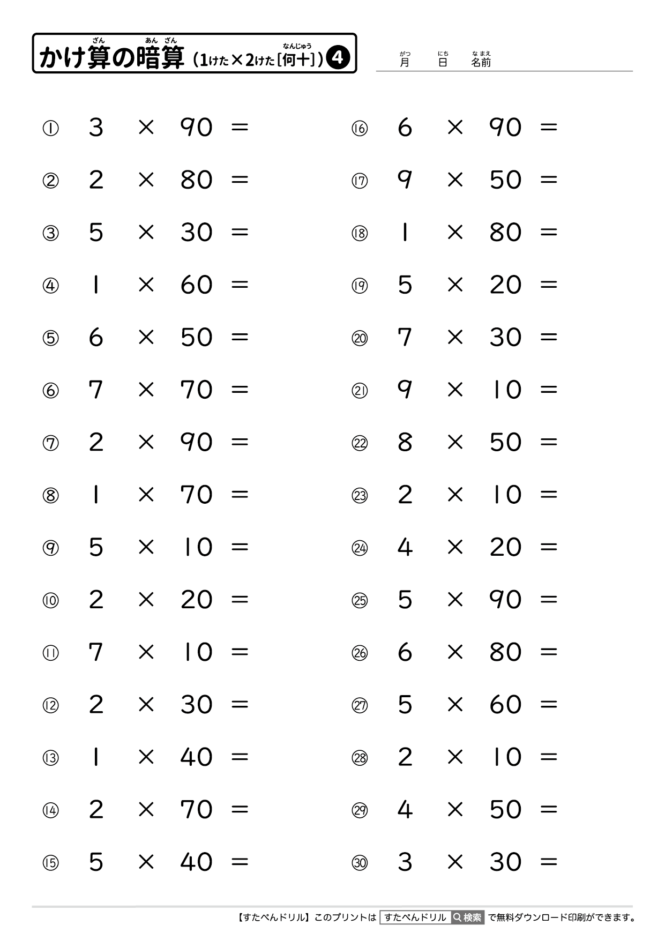 かけ算の暗算（1桁×2桁）