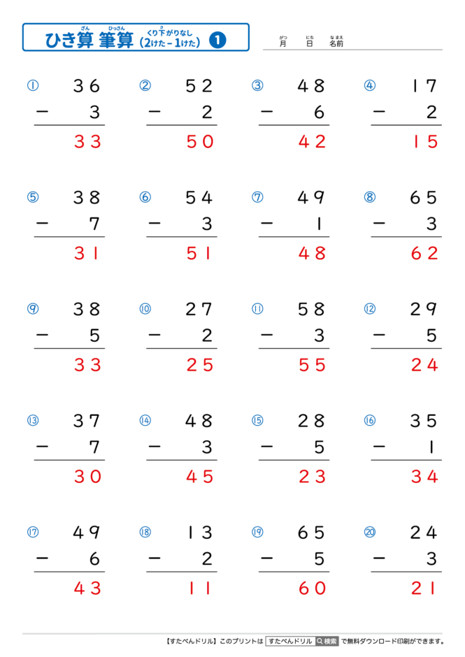 ひっ算の引き算 2桁－1桁の繰り下がりなり｜無料学習プリント