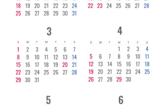 2026年の半年（6ヶ月）カレンダー縦型