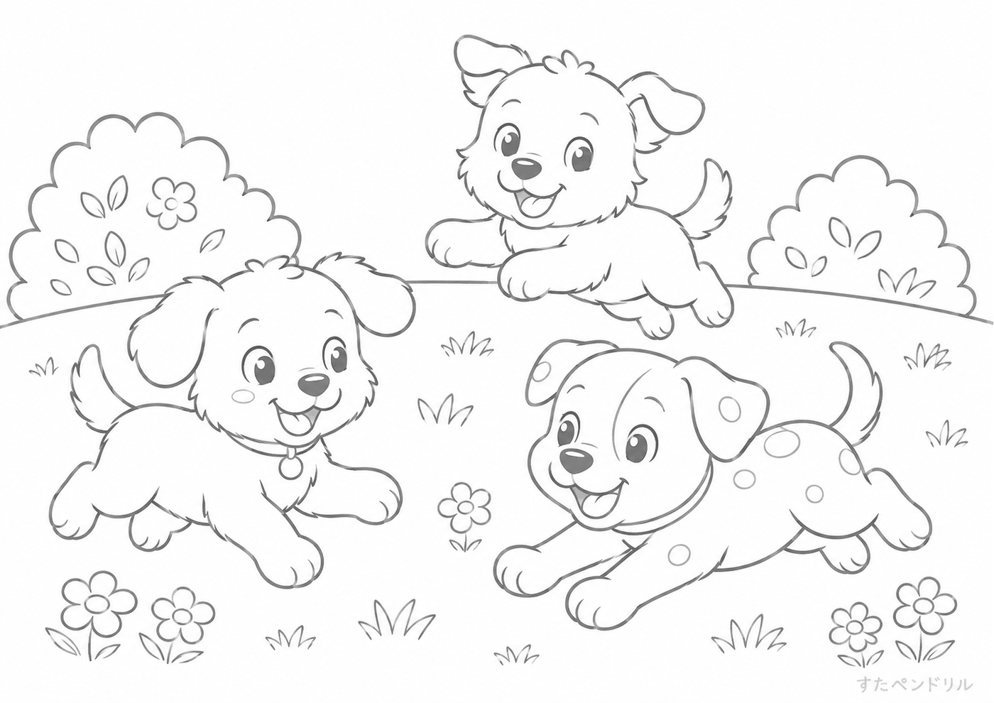 自然の中で遊ぶ犬たち ぬりえプリント A4 無料ダウンロード