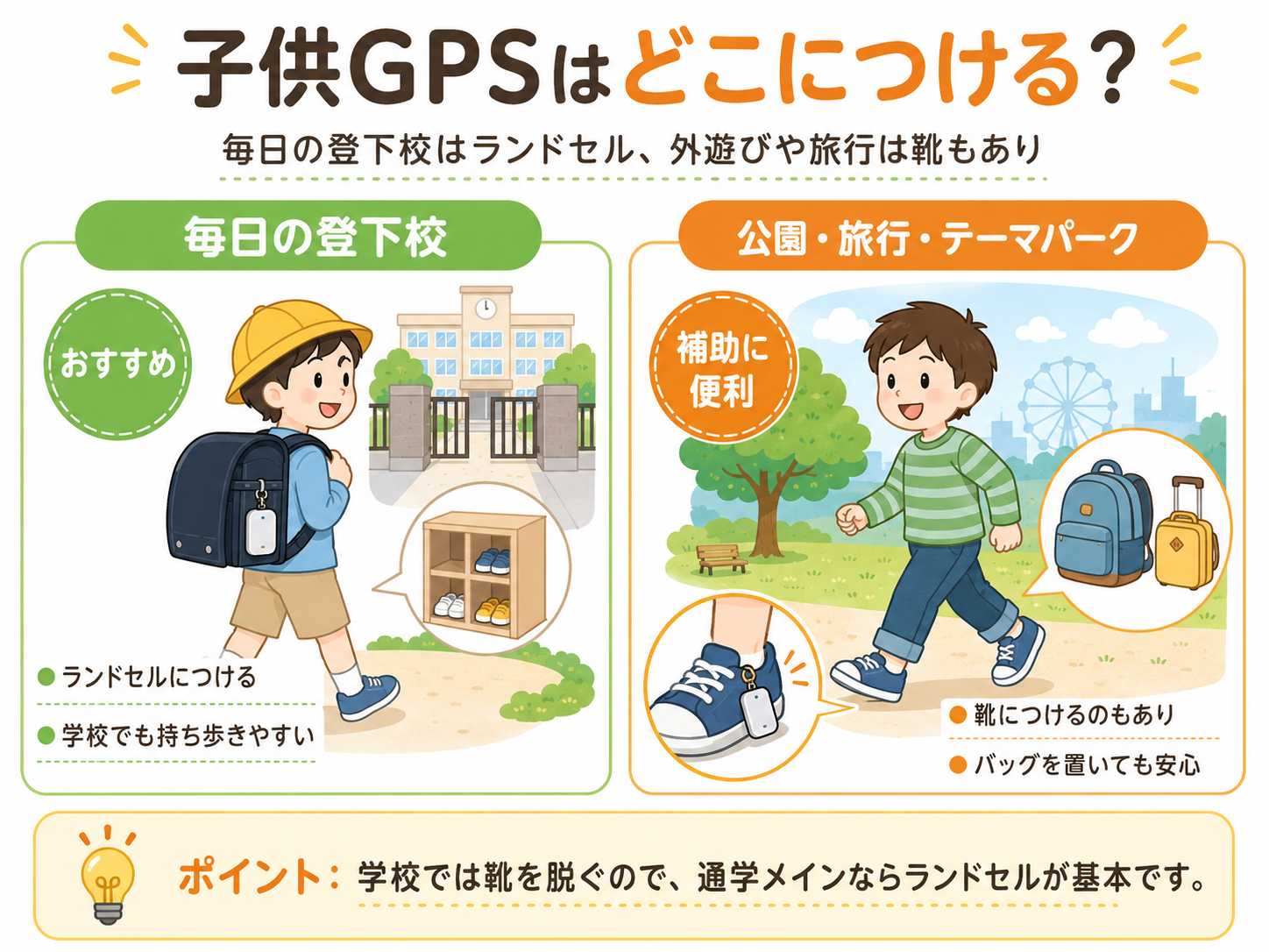 子供GPSはどこにつける？ランドセル・靴・服の使い分けイメージ