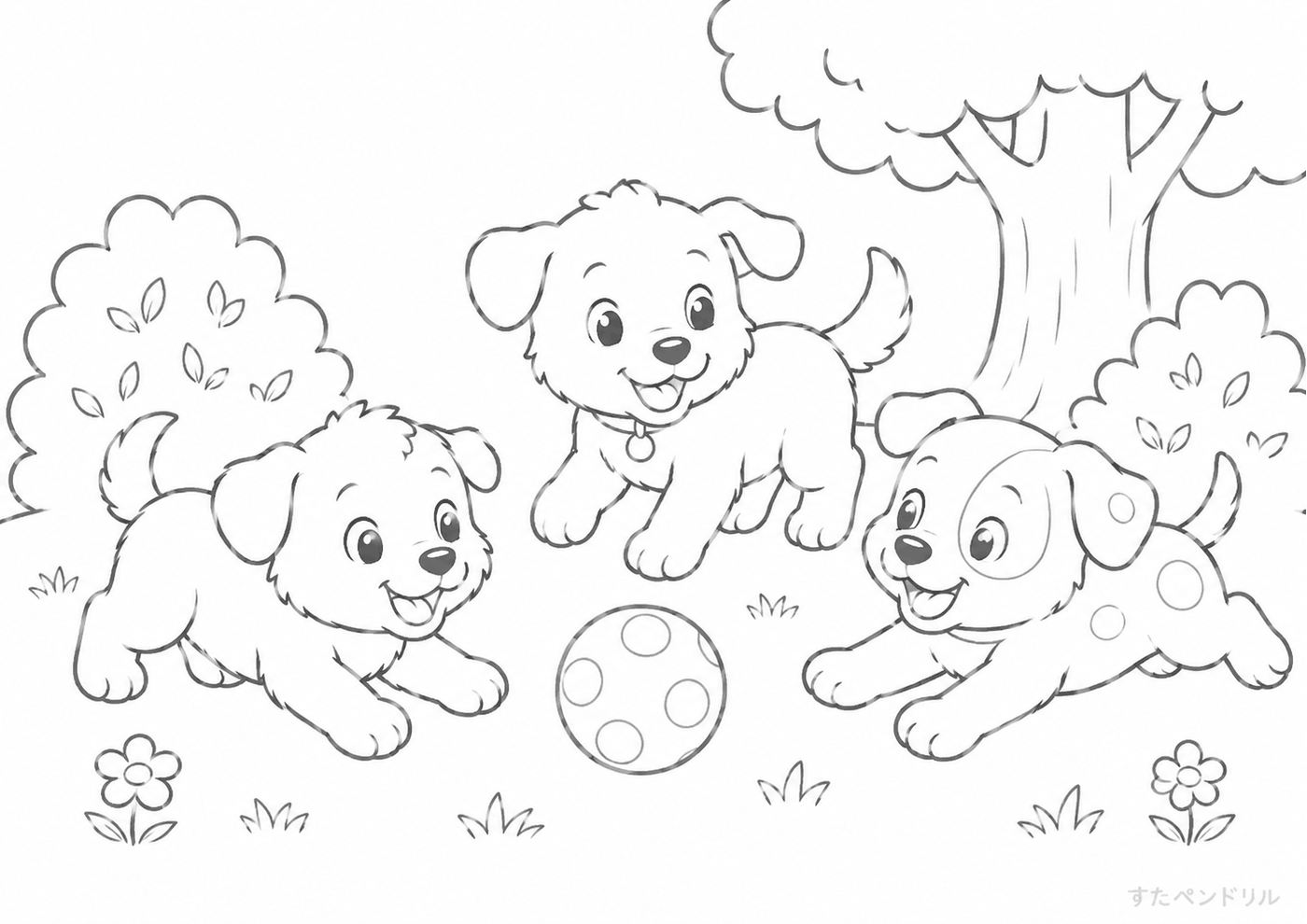 ボールで遊ぶ犬たち ぬりえプリント A4 無料ダウンロード