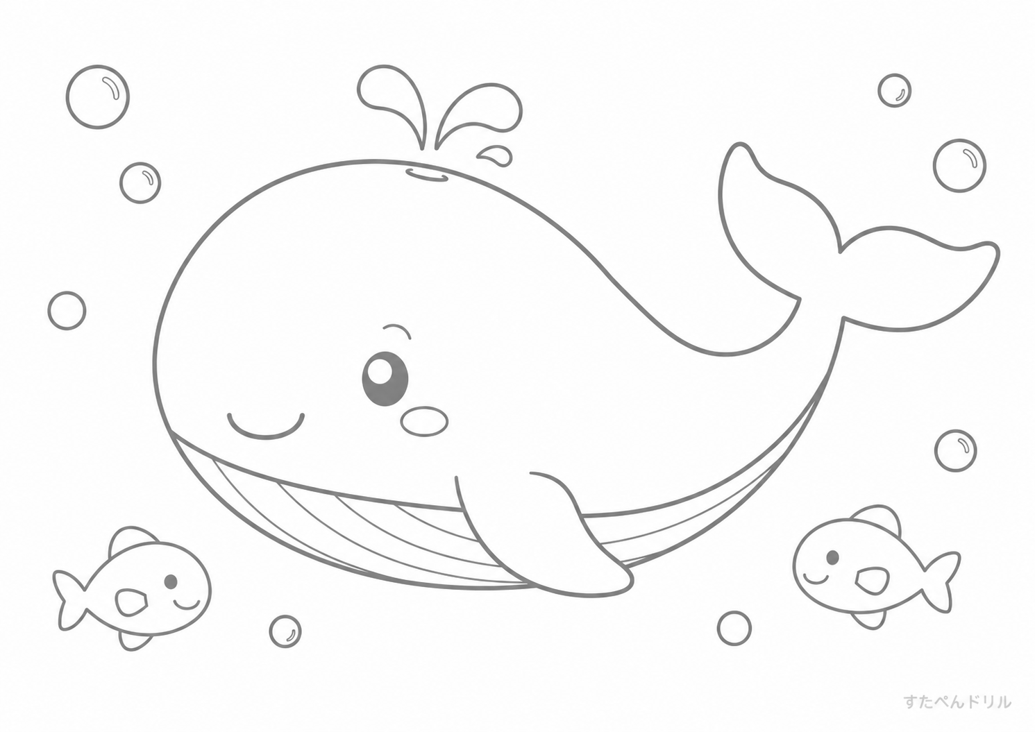 魚たちと泳ぐクジラのぬりえ 無料プリント A4 PDF