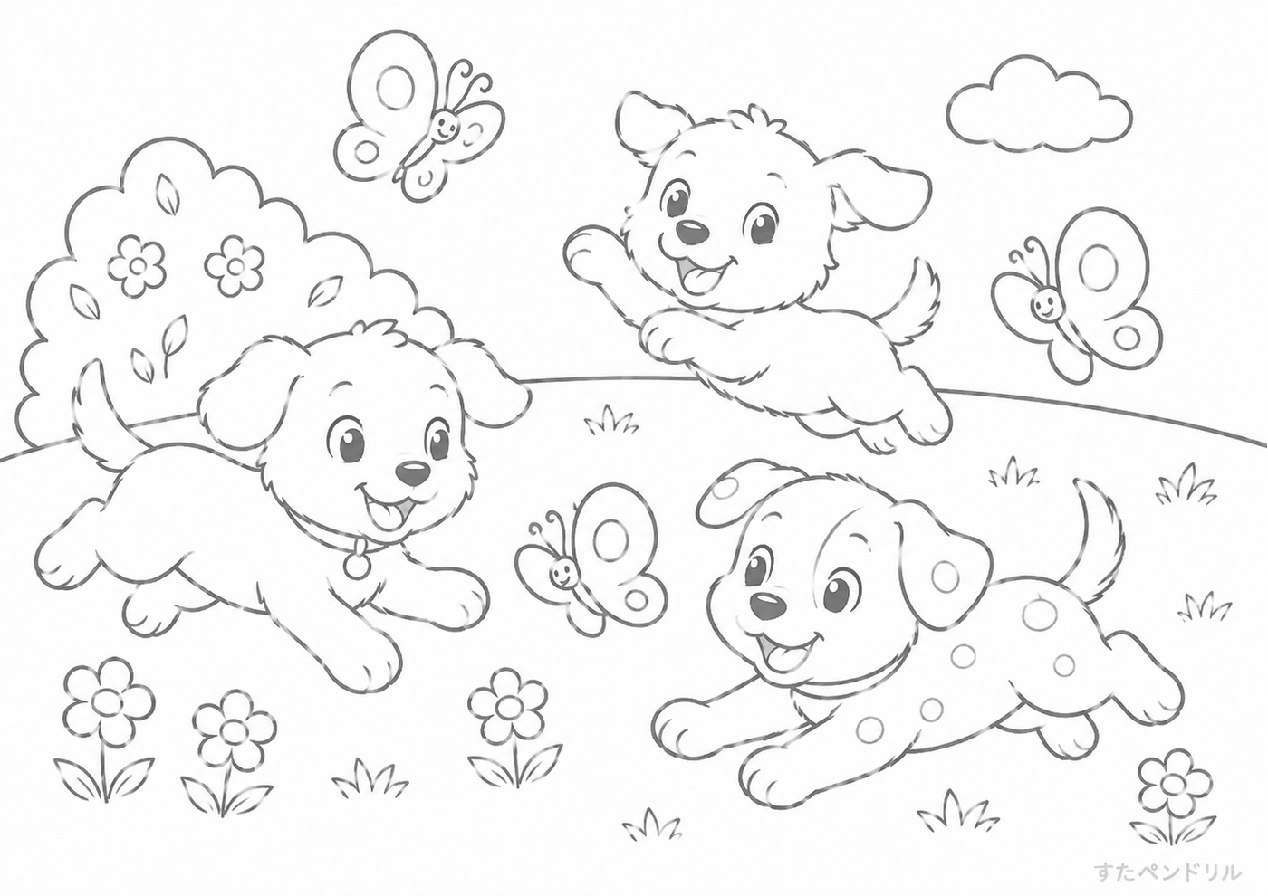 蝶々を追いかける犬たち ぬりえプリント A4 無料ダウンロード