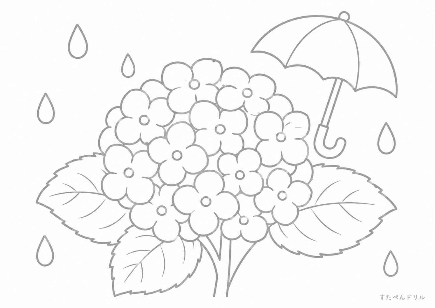 雨と傘とアジサイのぬりえ 無料プリント A4 PDF