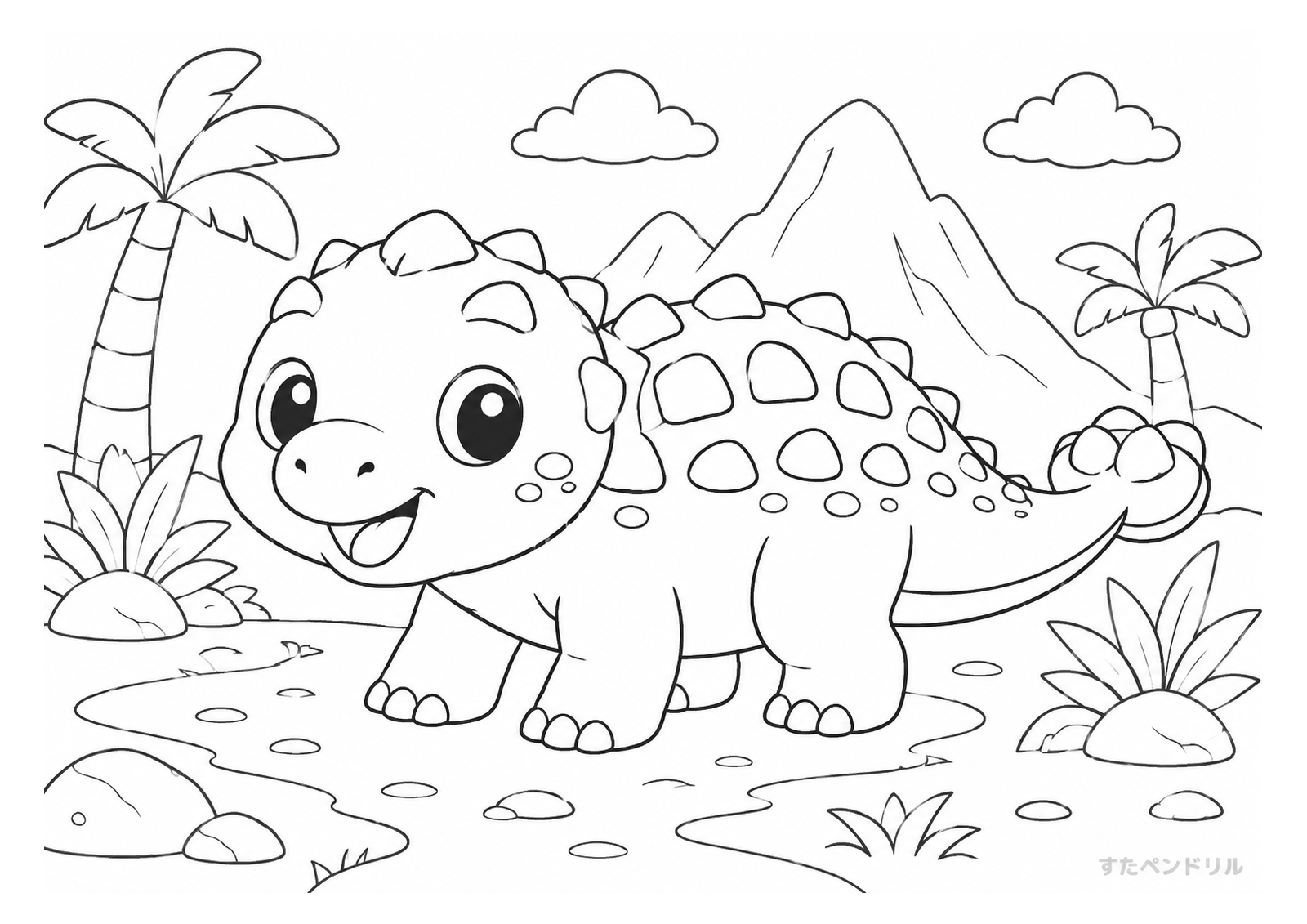 火山のある自然にいる恐竜(かわいい)のぬりえプリント無料ダウンロード
