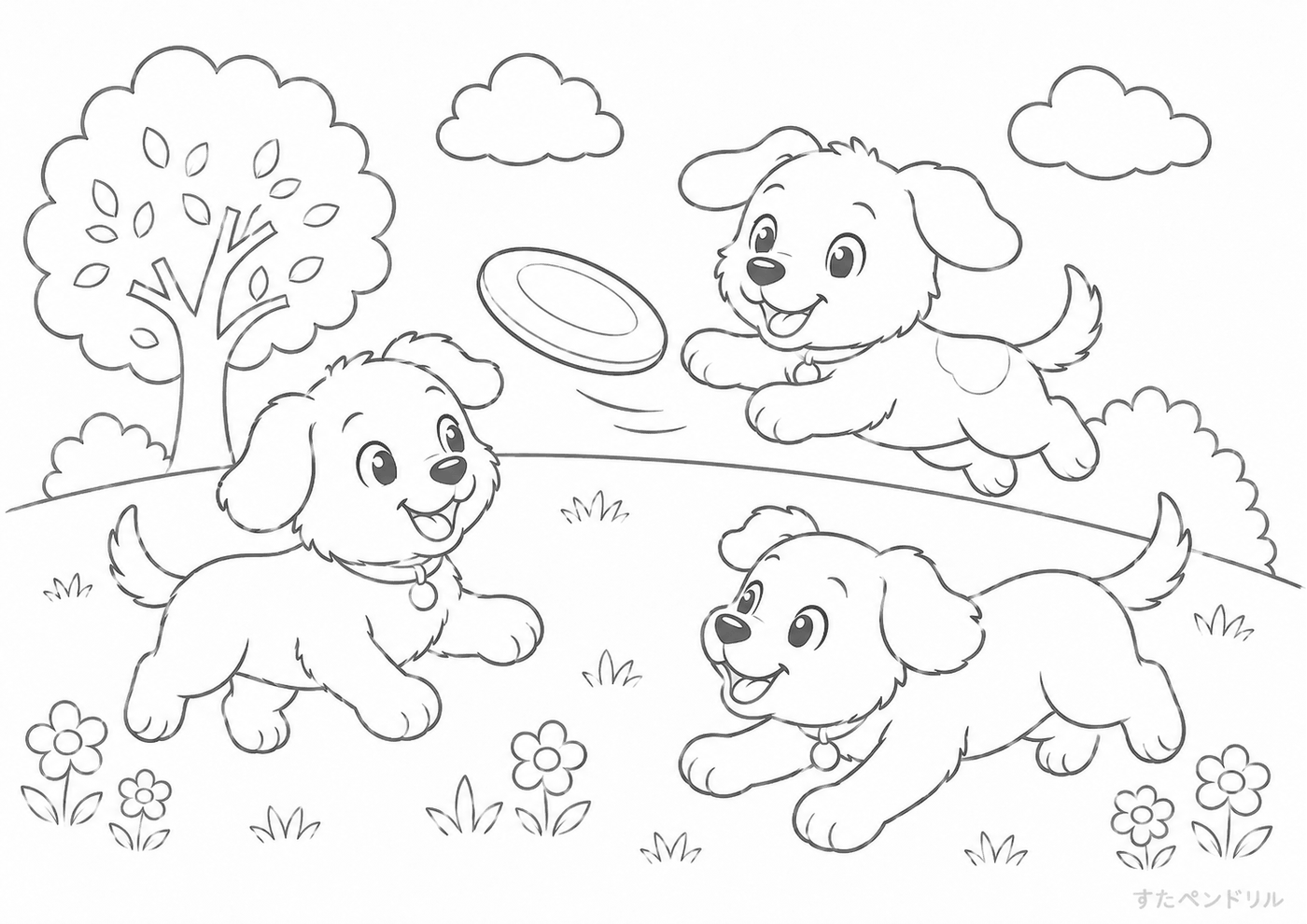 フリスビーで遊ぶ犬たち ぬりえプリント A4 無料ダウンロード
