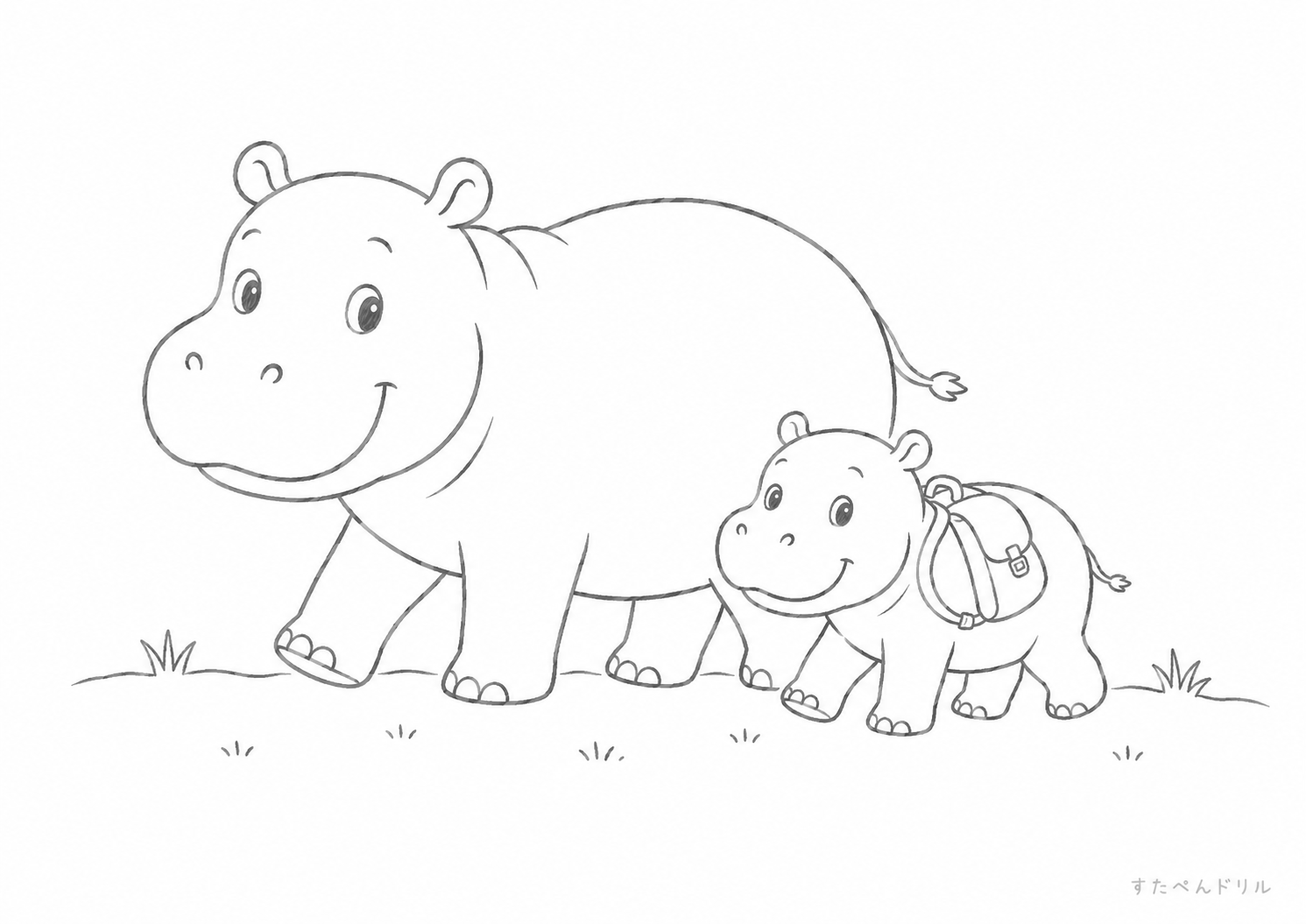 親子でお散歩カバぬりえプリント