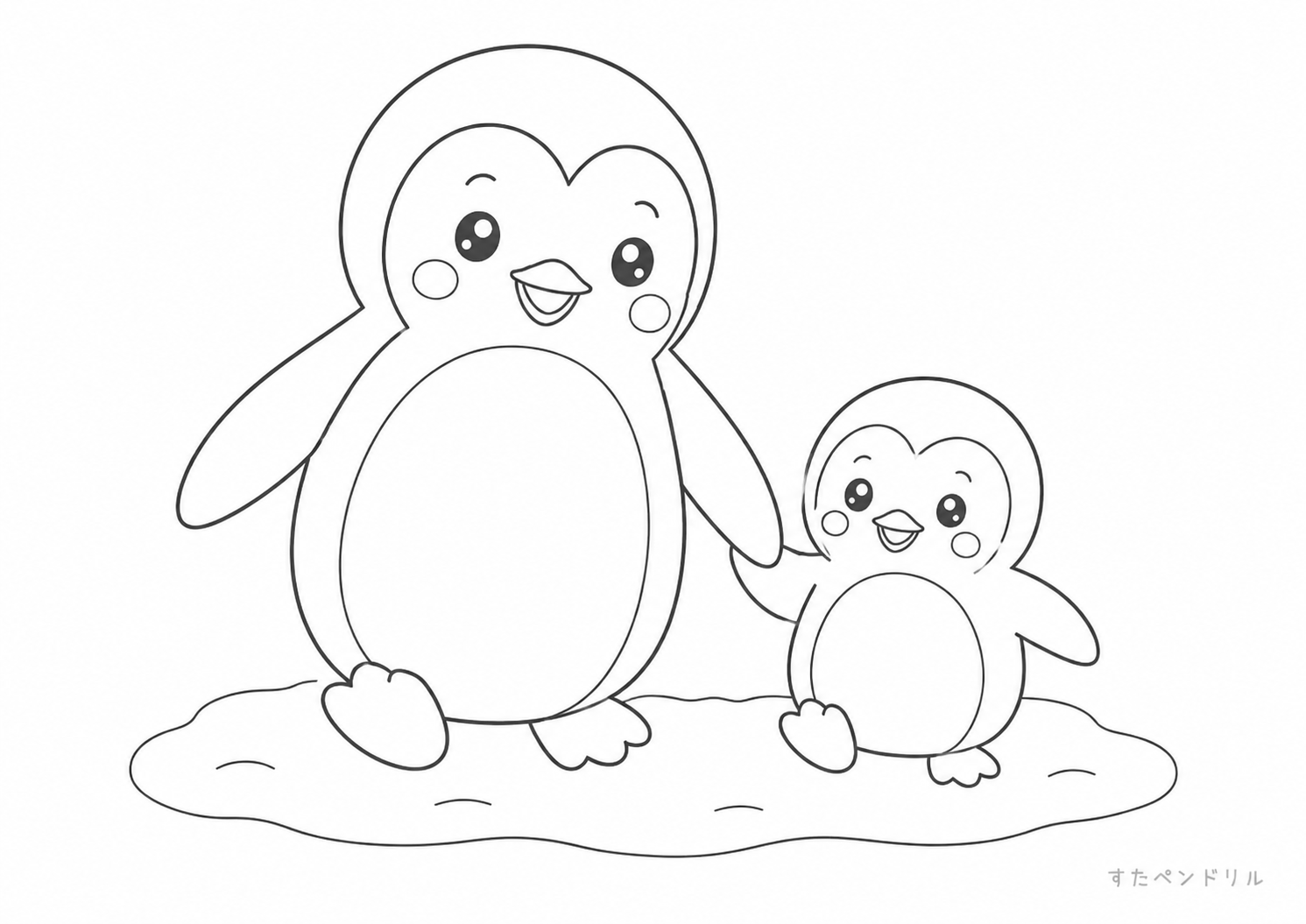 親子で歩くペンギンのぬりえ