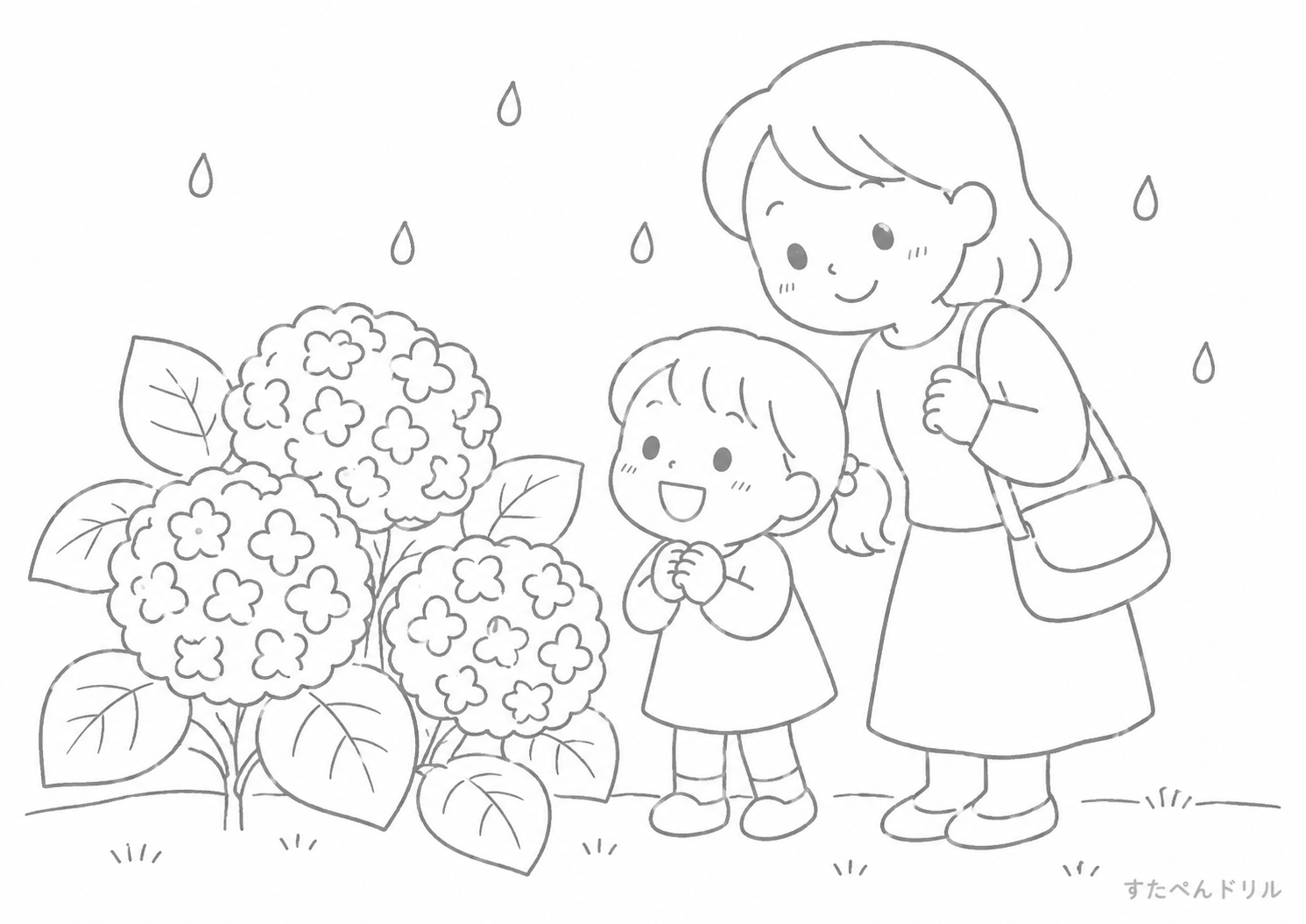 親子でアジサイを見るぬりえ 無料プリント A4 PDF