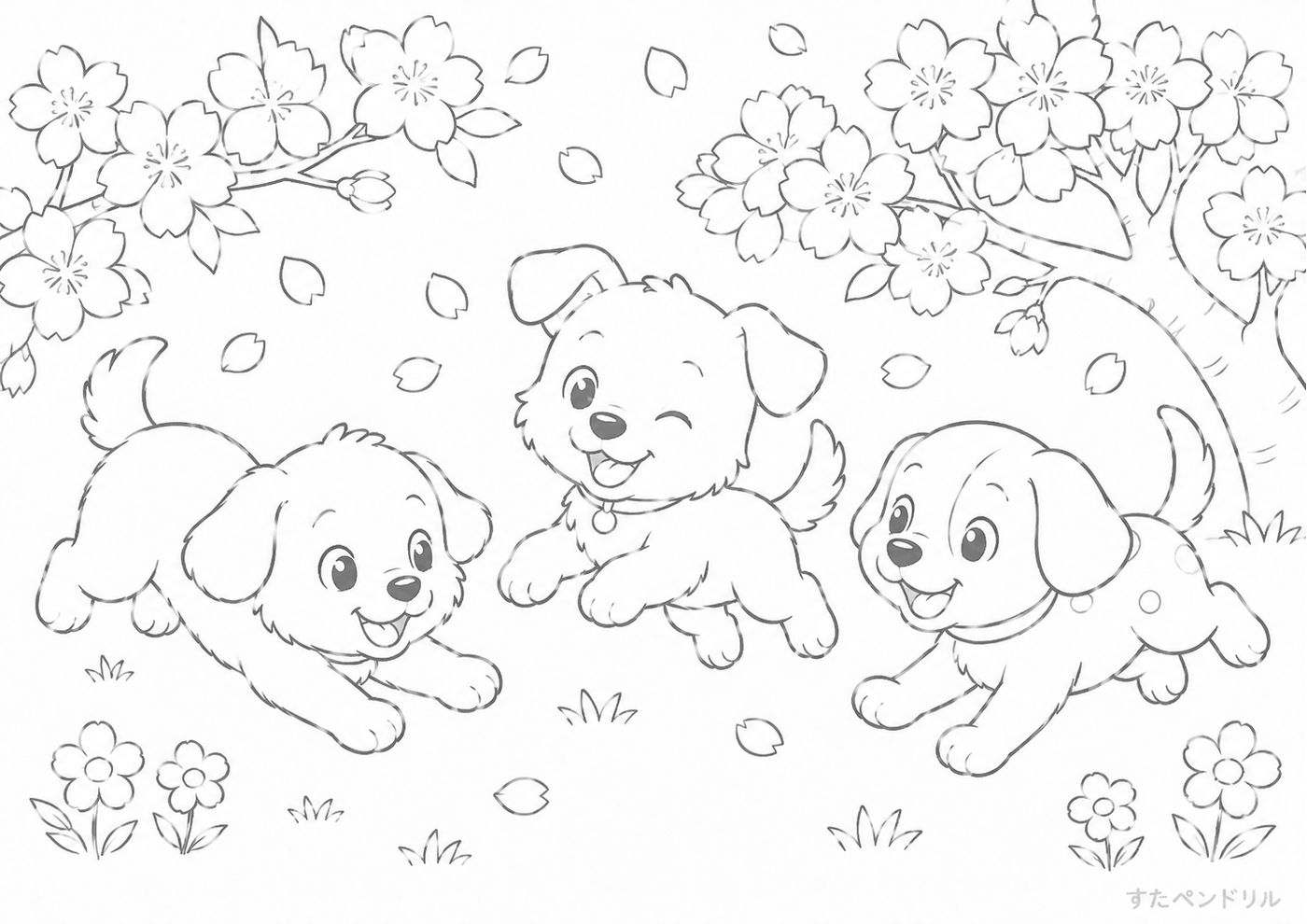 春・桜の下で遊ぶ犬たち ぬりえプリント A4 無料ダウンロード