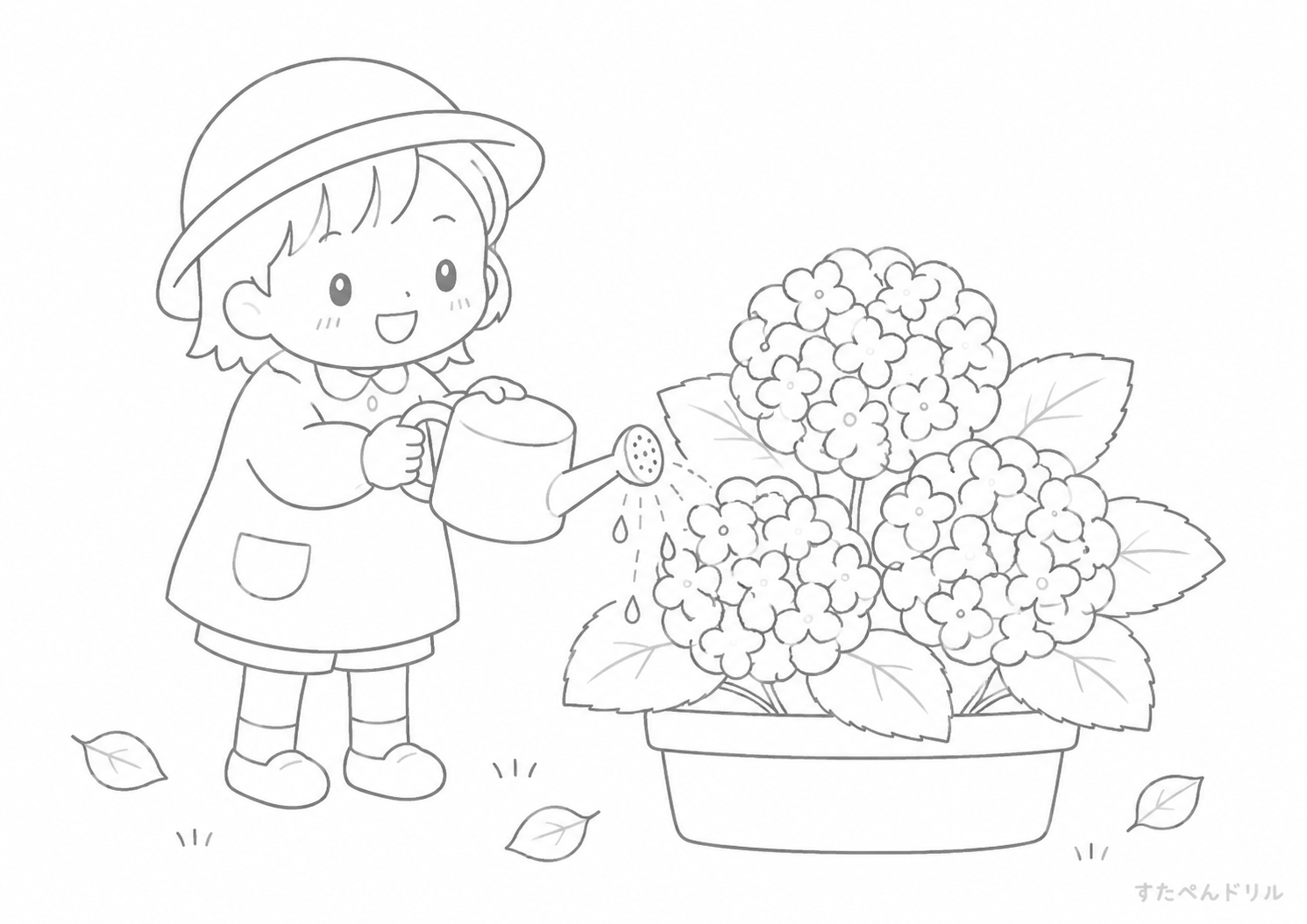 アジサイに水やりする子どものぬりえ 無料プリント A4 PDF