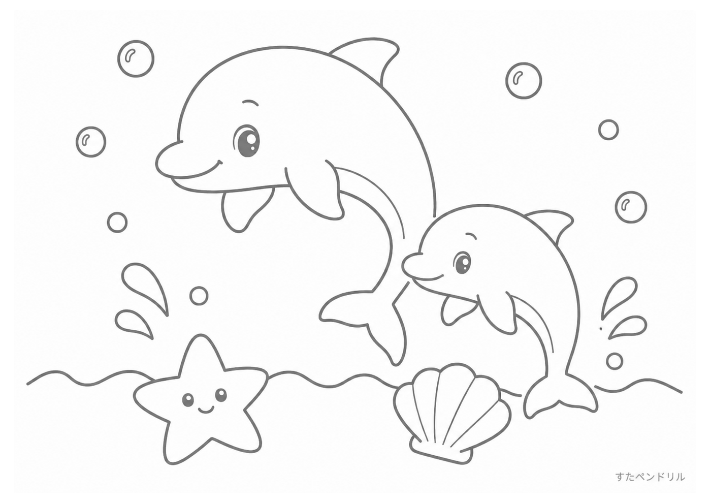 波で遊ぶ2頭のイルカのぬりえ無料ダウンロード