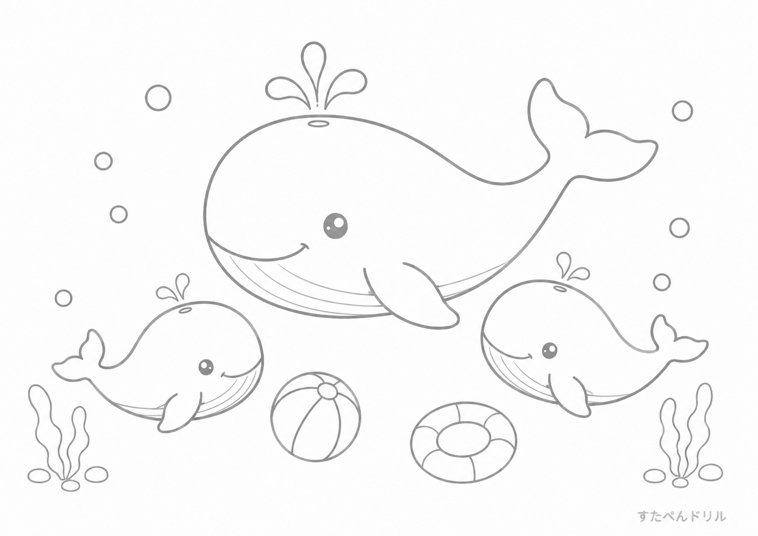 海で遊ぶクジラのぬりえ 無料プリント A4 PDF