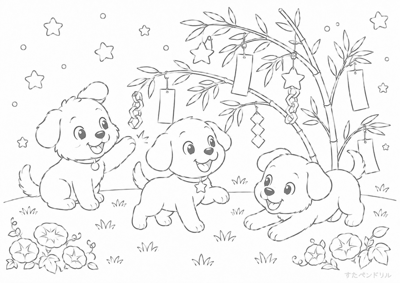 七夕・笹飾りと犬たち ぬりえプリント A4 無料ダウンロード