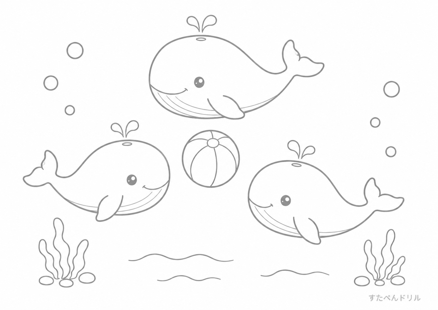 ボールで遊ぶクジラたちのぬりえ 無料プリント A4 PDF