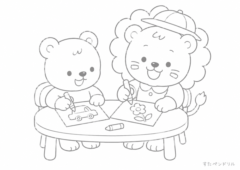 くまとお絵かきするライオンの無料ぬりえプリント（PDFダウンロード）