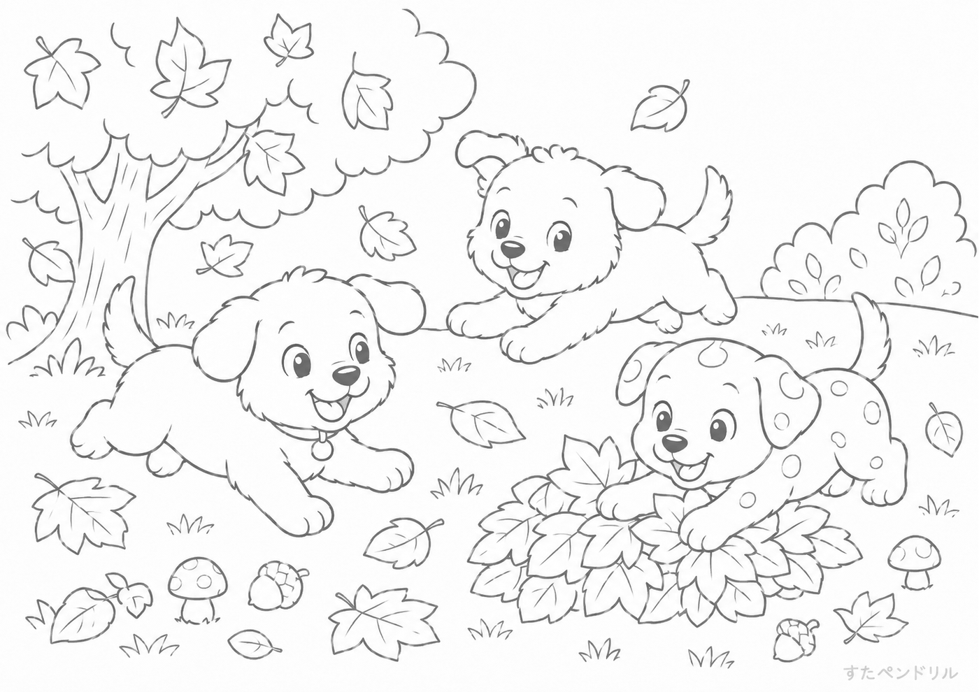 秋・落ち葉で遊ぶ犬たち ぬりえプリント A4 無料ダウンロード