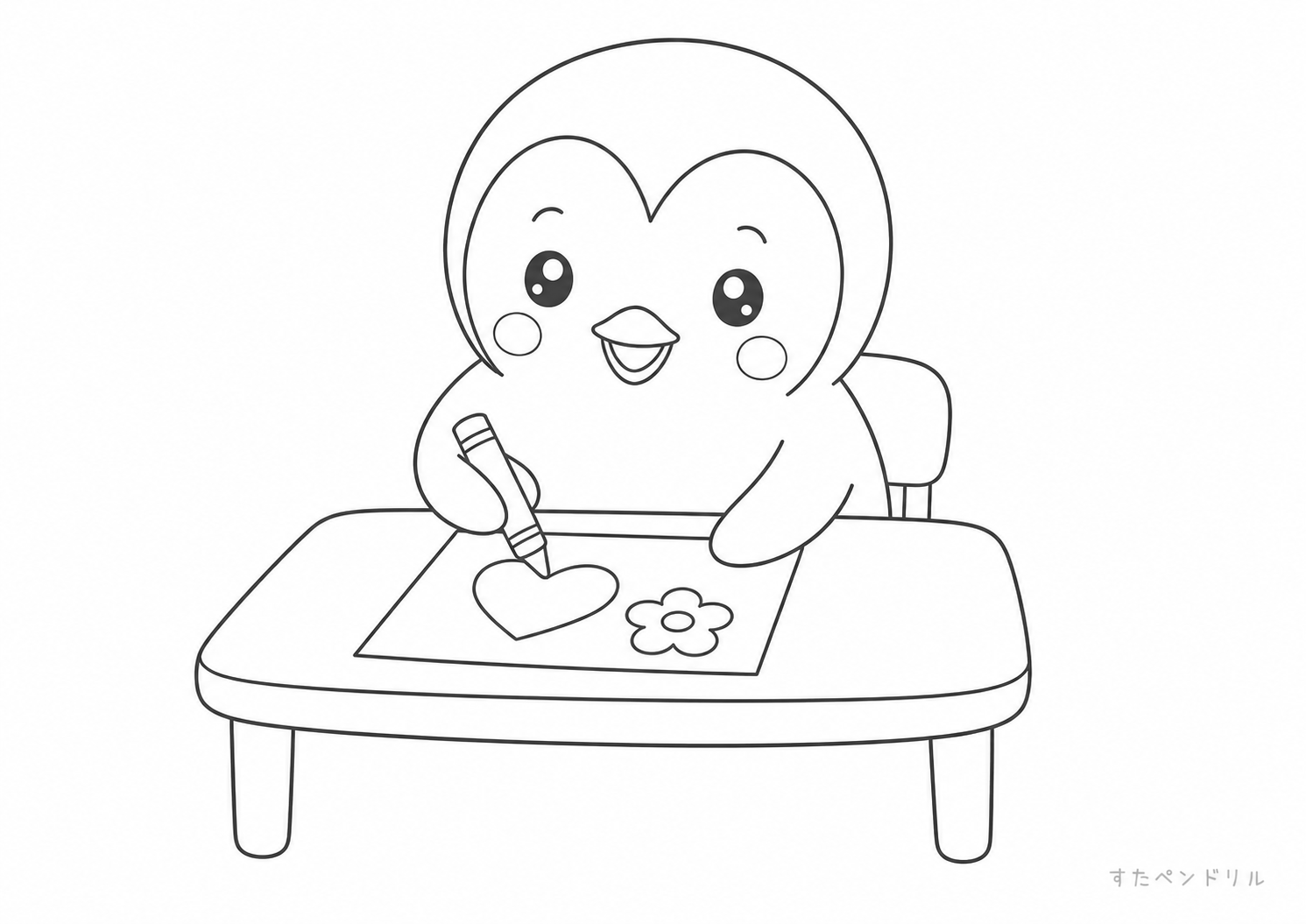 机でお絵かきするペンギンのぬりえ