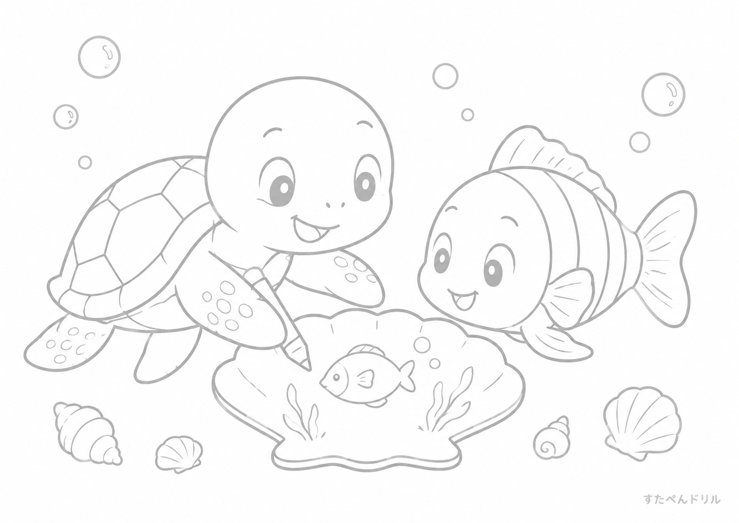 ウミガメと魚のお絵かき塗り絵プリント