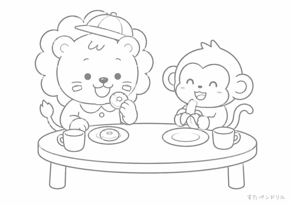 おやつを食べるライオンの無料ぬりえプリント（PDFダウンロード）