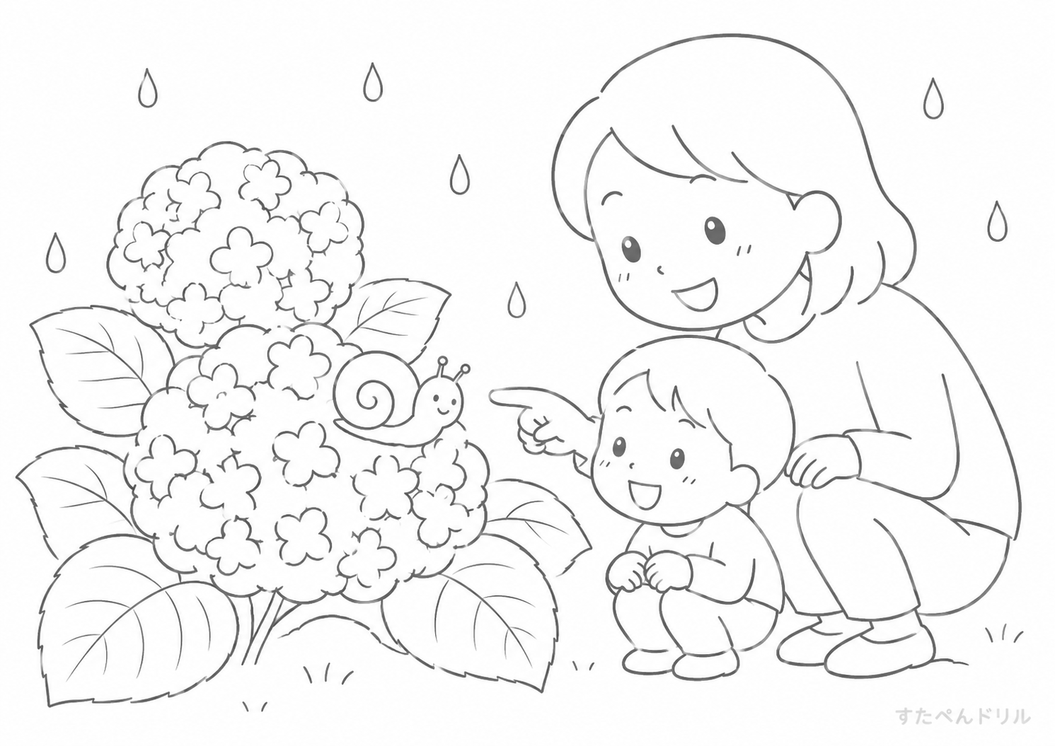 親子とかたつむりとアジサイのぬりえ 無料プリント A4 PDF