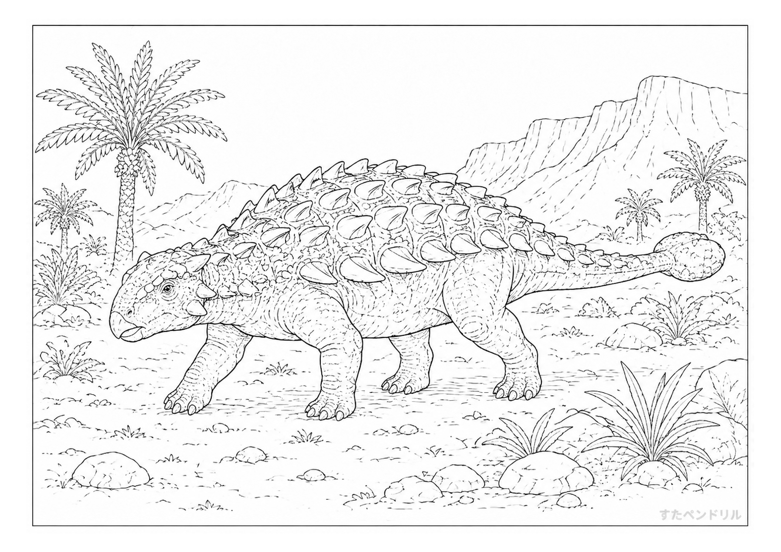 岩場を進むアンキロサウルス(リアル)のぬりえプリント無料ダウンロード