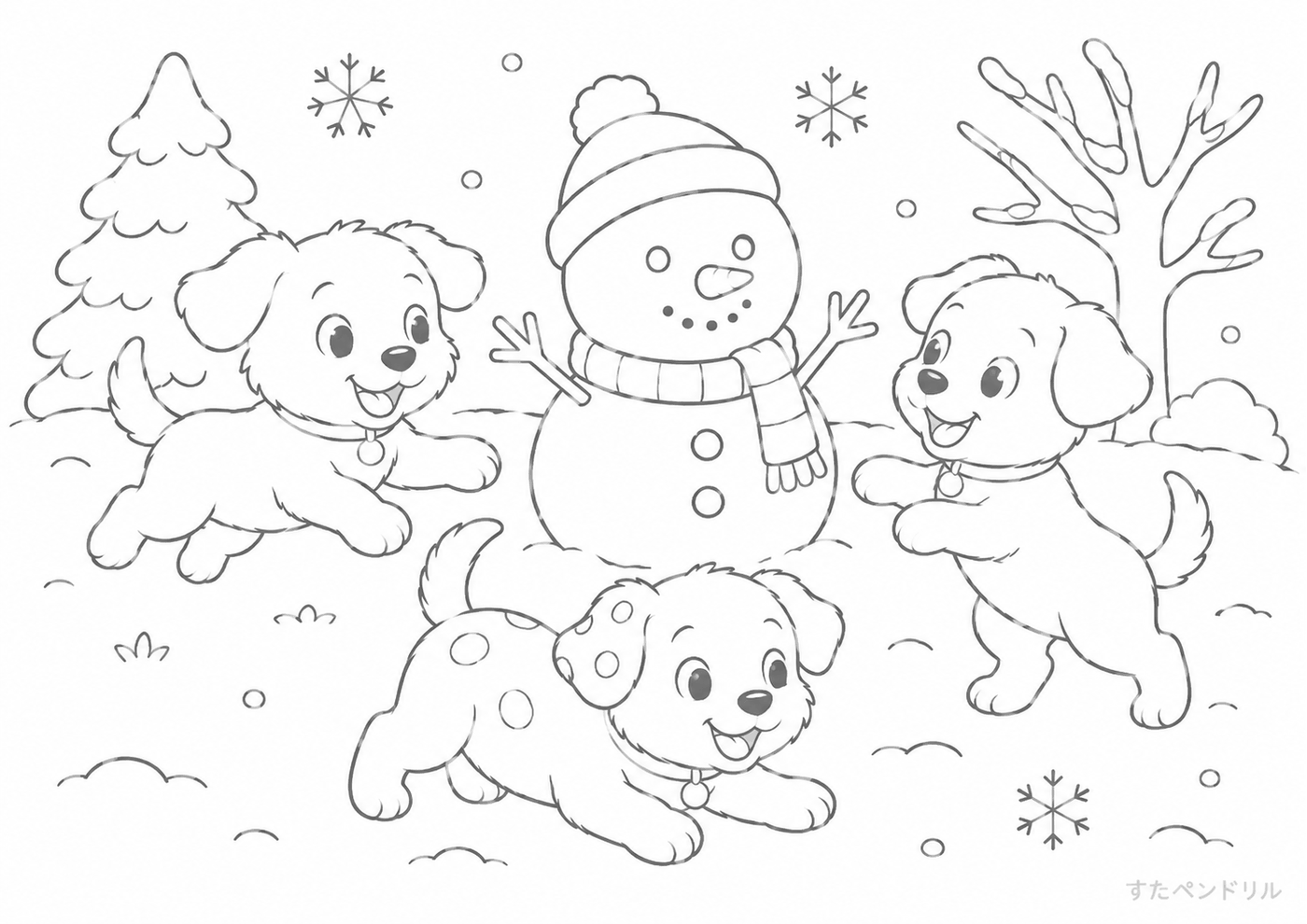 冬・雪だるまと犬たち ぬりえプリント A4 無料ダウンロード