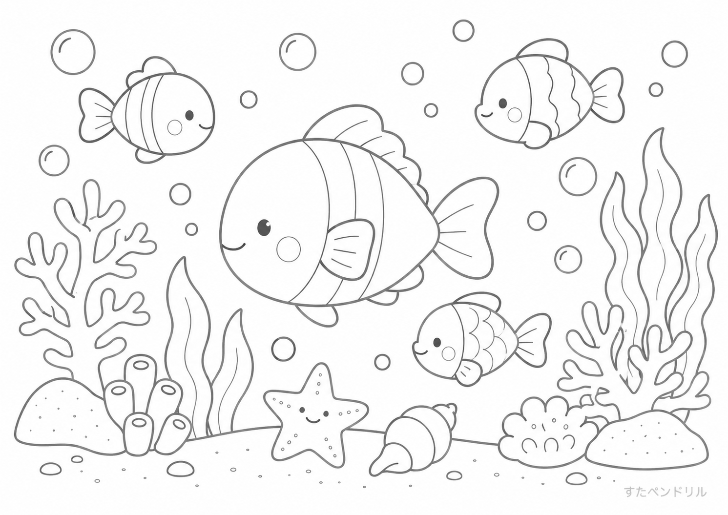 サンゴの海を泳ぐ魚の塗り絵プリント