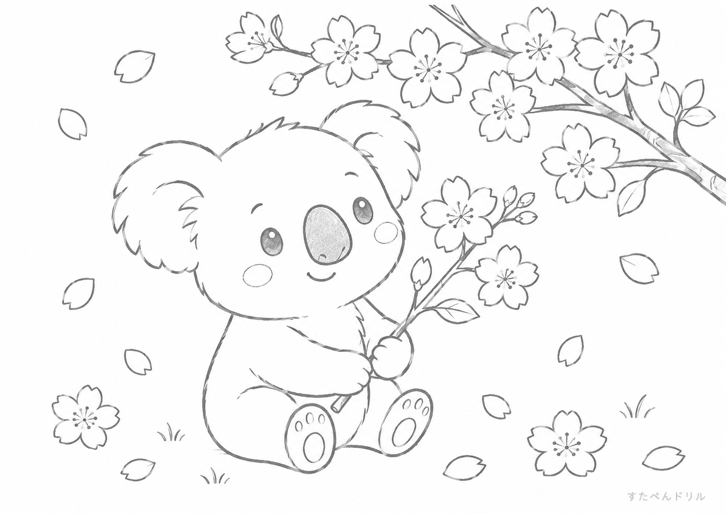 桜と春のコアラぬりえ 無料プリント A4 PDF
