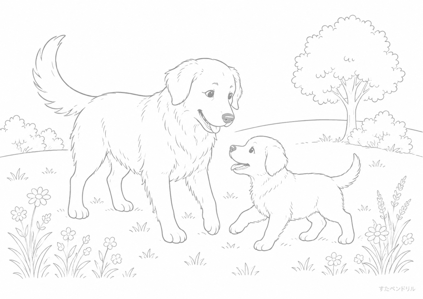 リアル・草原の親子犬 ぬりえプリント A4 無料ダウンロード