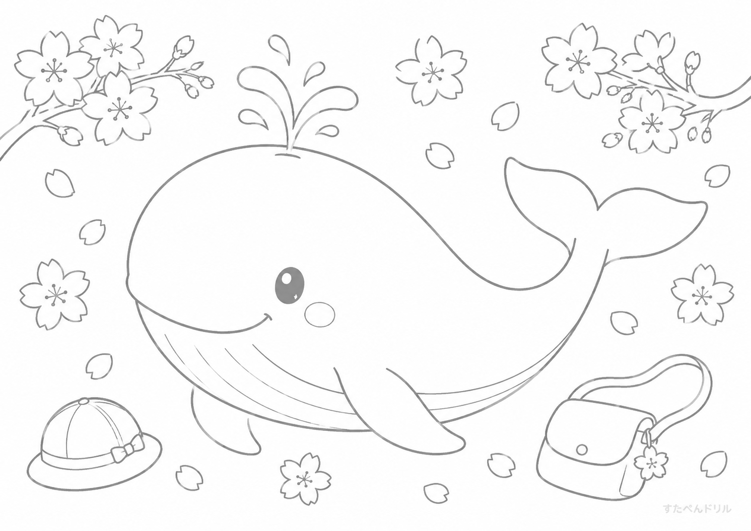 春の桜とクジラのぬりえ 無料プリント A4 PDF