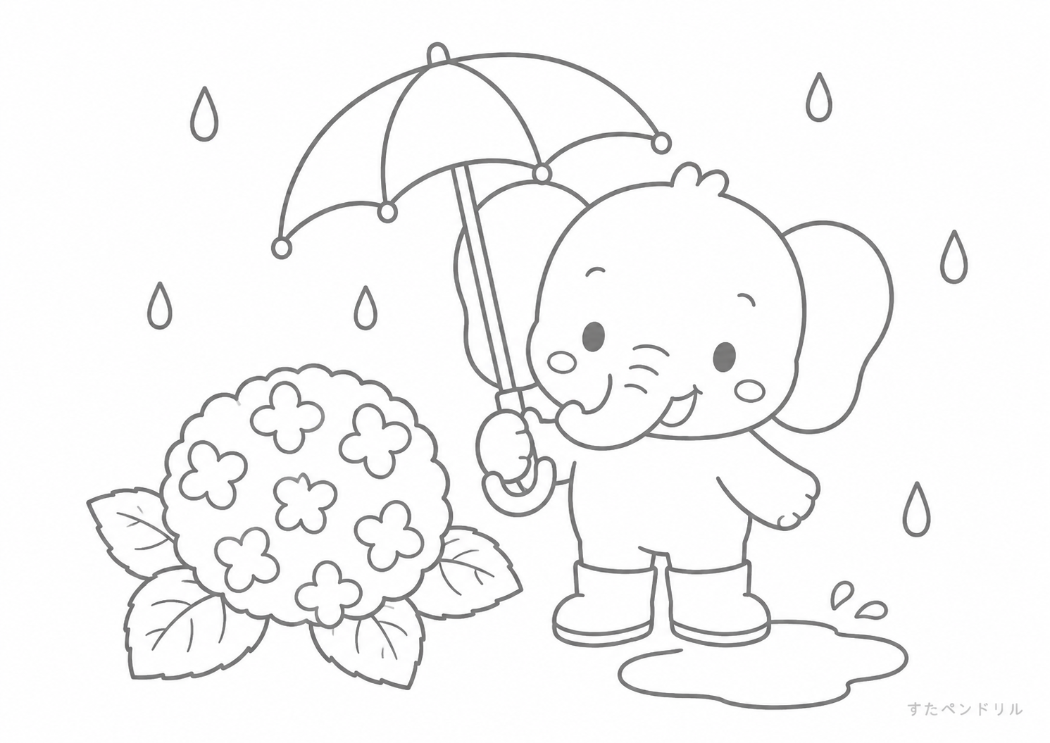 ぞうのあめのひのぬりえ