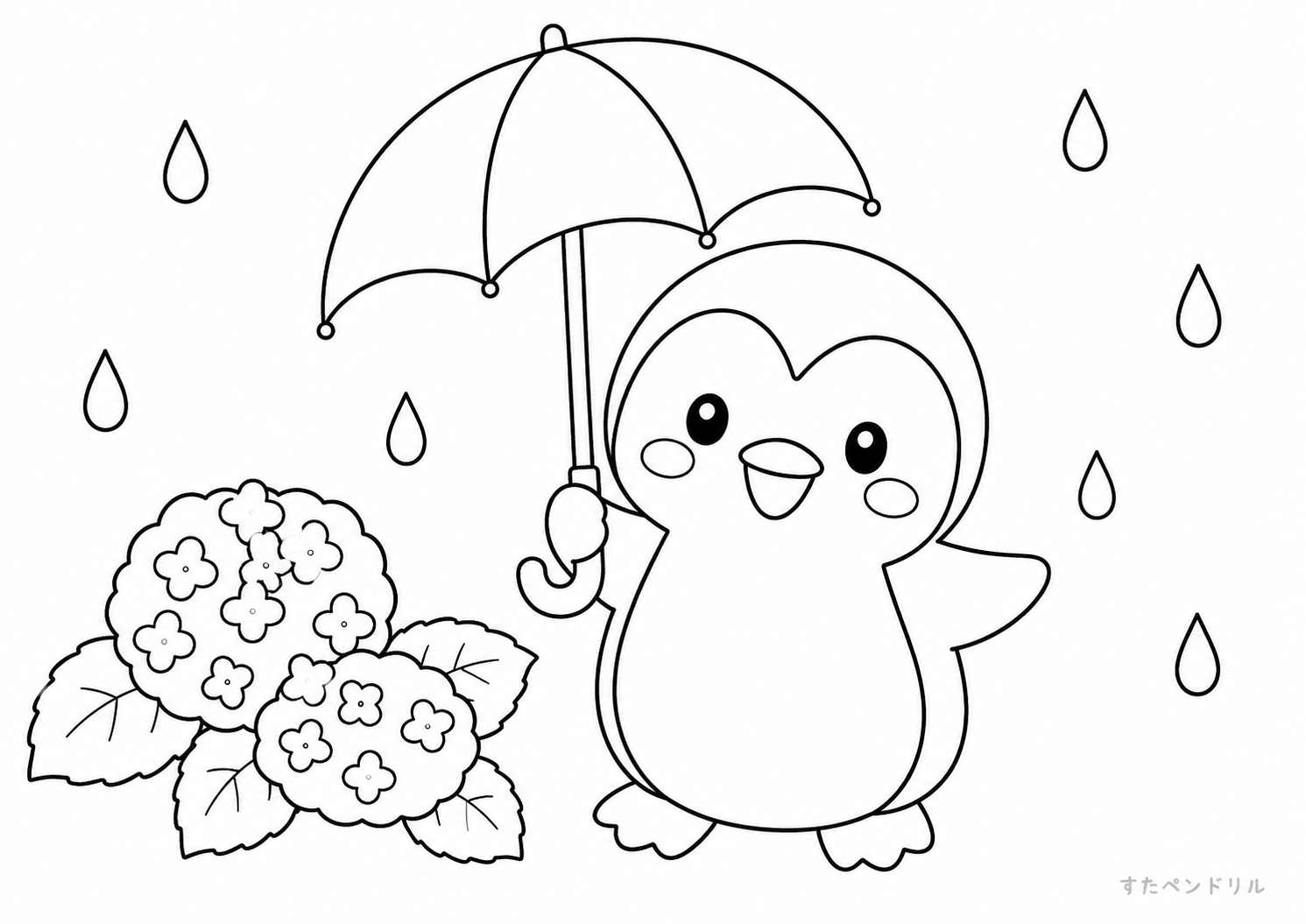 雨の日の傘とペンギンのぬりえ