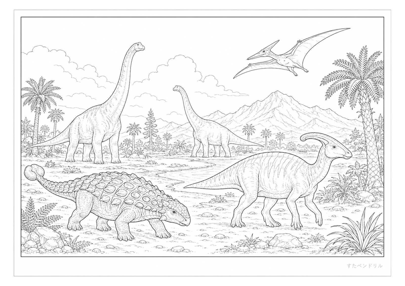 植物の多い平原で共存する恐竜たち(リアル)のぬりえプリント無料ダウンロード